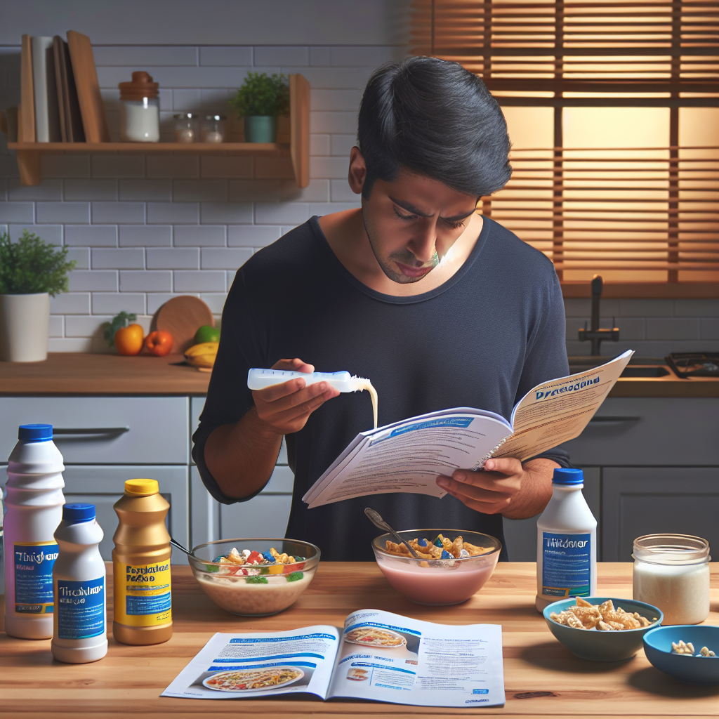 Generate a photograph-like image under natural lighting with gentle shadows that illustrates how dysphagia, often associated with ALS, can be managed to reduce choking risk. The scene should possibly show a kitchen setting where a person of Hispanic descent is preparing food with the help of various essential thickeners. The thickeners can be shown in different containers, and a few pamphlets or booklets about managing dysphagia could be present. The person can also be shown thoroughly reading over the instructions of use. The emotions on their face should be focused and determined.