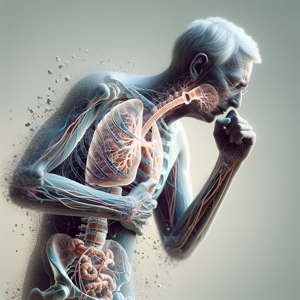 Create a high-quality, photorealistic image that visually represents the effects of Respiratory Onset ALS. Please include a visual depiction of shortness of breath, such as a person trying to catch a breath, and the weakness of the diaphragm, symbolically represented perhaps by a faded or weaker color association.  Make sure to use natural lighting and soft shadows to give the image a realistic look.