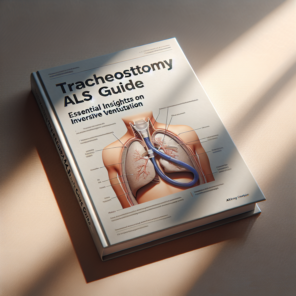 A photorealistic image of a guide book titled 'Tracheostomy ALS Guide: Essential Insights on Invasive Ventilation'. The book cover is illuminated with natural lighting, highlighting the title and its contents. There are soft shadows lurking at the edges to give it depth. The book speaks to readers interested in health and medical studies, specifically about invasive ventilation through tracheostomy for ALS patients. The visible part of the cover should have relevant diagrams or images reflecting the subject matter, such as illustrated tracheostomy procedures.