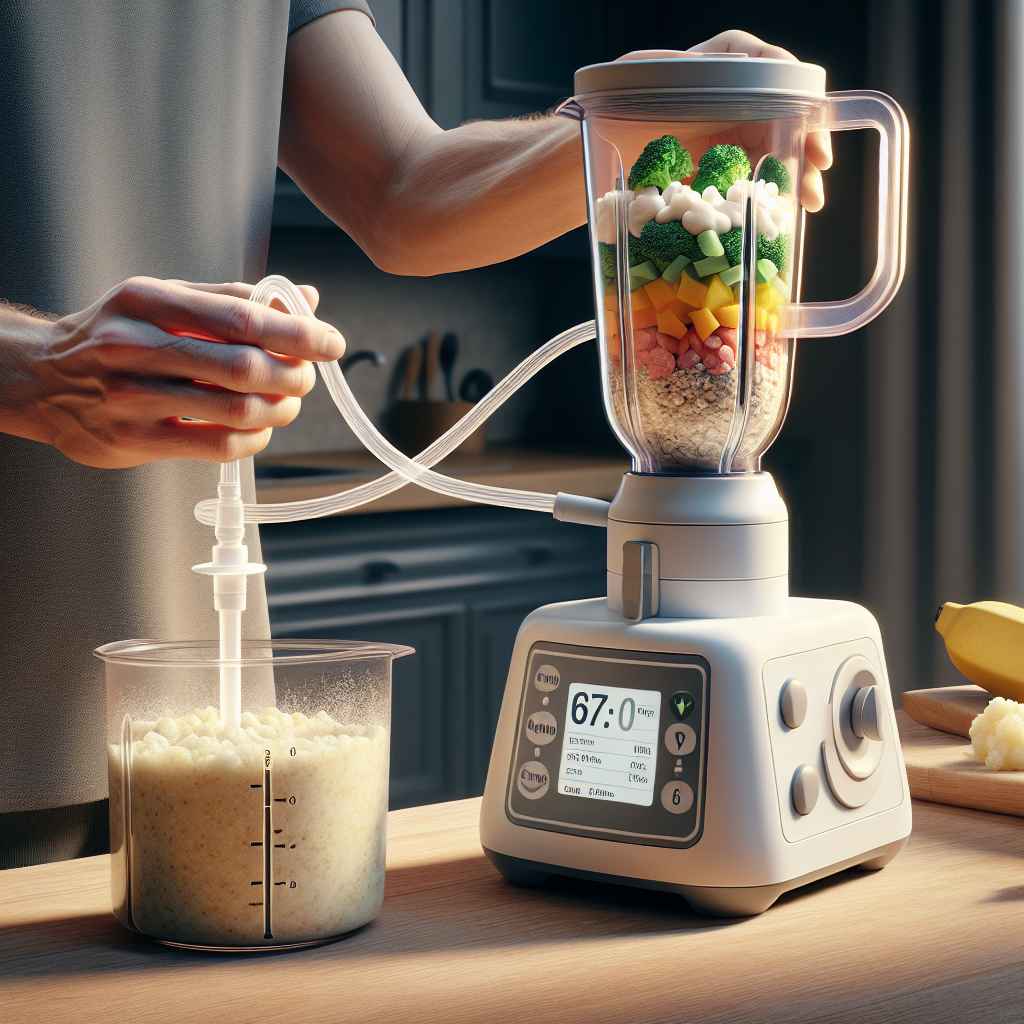 Generate a high-quality, photorealistic image that demonstrates the concept of effortless nutrition for people with ALS using a peg tube. The image should highlight high-calorie food being prepared in a blender, ready for tube feeding. Show a hand operating the blender, another hand holding a tube and a glass container filled with the blended food. The setting should be a well-lit kitchen using natural light, creating soft shadows. Please make sure to detail the texture of the food and the appliance, emphasizing that the process is straightforward and manageable at home.
