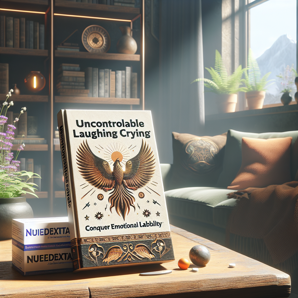 Create a high-quality photorealistic image showcasing an atmosphere of resilience and recovery. Visualize a calming scene with a book on a coffee-table titled 'Uncontrollable Laughing Crying: Conquer Emotional Lability'. The book cover should be decorated with symbols of strength and hope, such as a phoenix rising from the ashes or a sturdy oak tree. The room is filled with natural light that cascades through a nearby window, casting soft shadows around, elucidating an aura of serenity and fight against adversity. In the background, a box of medicine named 'Nuedexta' is subtly placed, symbolizing a tool in the fight against ALS.