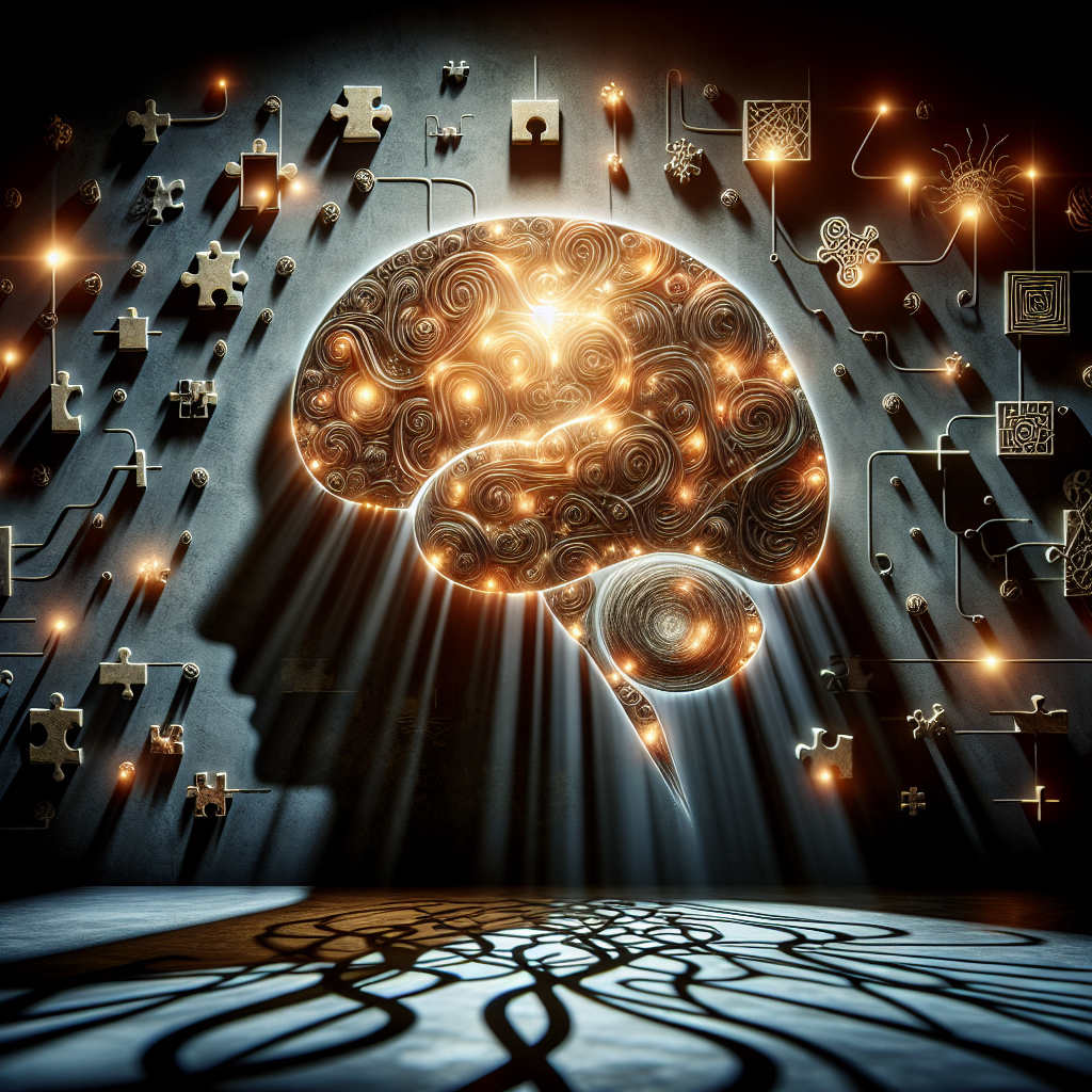 Visualize a conceptual image of cognitive and behavioral changes brought on by ALS Dementia, using symbolism to express the progression. The image could comprise a human brain with different areas lighting up, illuminating an array of puzzles, tangled strings, or labyrinths to symbolize cognitive complexities. The shadows could represent the intricacies of the transformation, ranging from soft to pronounced. This captures the complex journey of the patient, highlighting the stunning transformation. Use natural light for a realistic depiction, and maintain a balance of shadow to emphasize the poignant narrative of ALS Dementia.