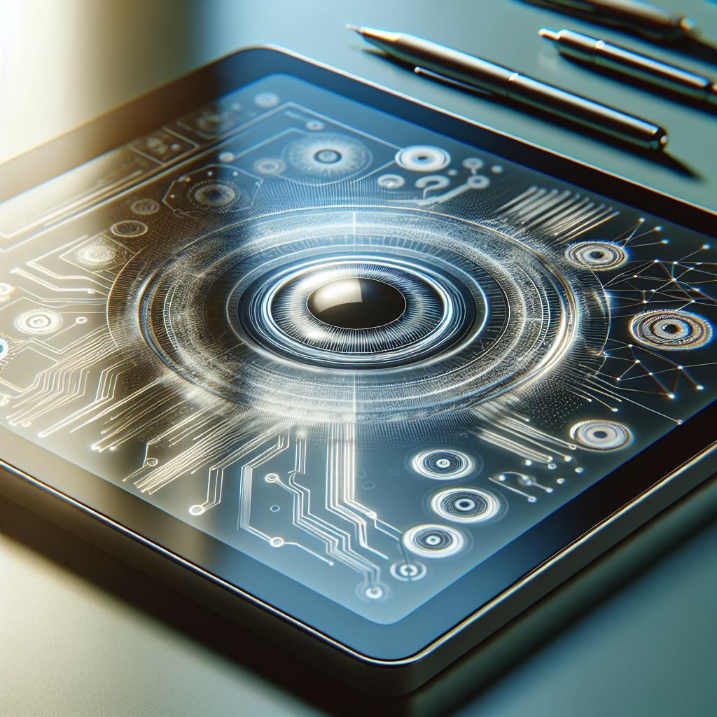 Generate a detailed, high-quality image of advanced and affordable Augmentative Alternative Communication (AAC) devices designed specifically for eye gaze interaction. The devices should appear innovative and revolutionary in design. They are brightly lit by natural sunlight which casts soft, gentle shadows on their surface. The backdrop should be a serene, calm and professional setting.