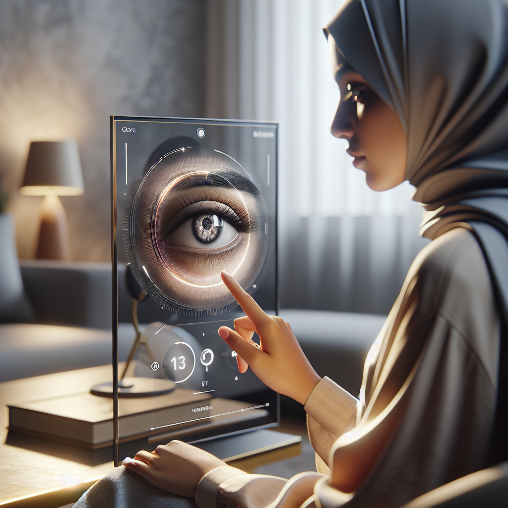 Generate a high-quality, photorealistic image that captures a scene with soft shadows and natural lighting. The setting should be of a serene, inviting space where a woman of Middle Eastern descent is using an eye-tracking communication device. Portray the device as sleek and modern, focusing on the breakthrough technology it represents for enhanced quality of life, specifically for those with ALS.