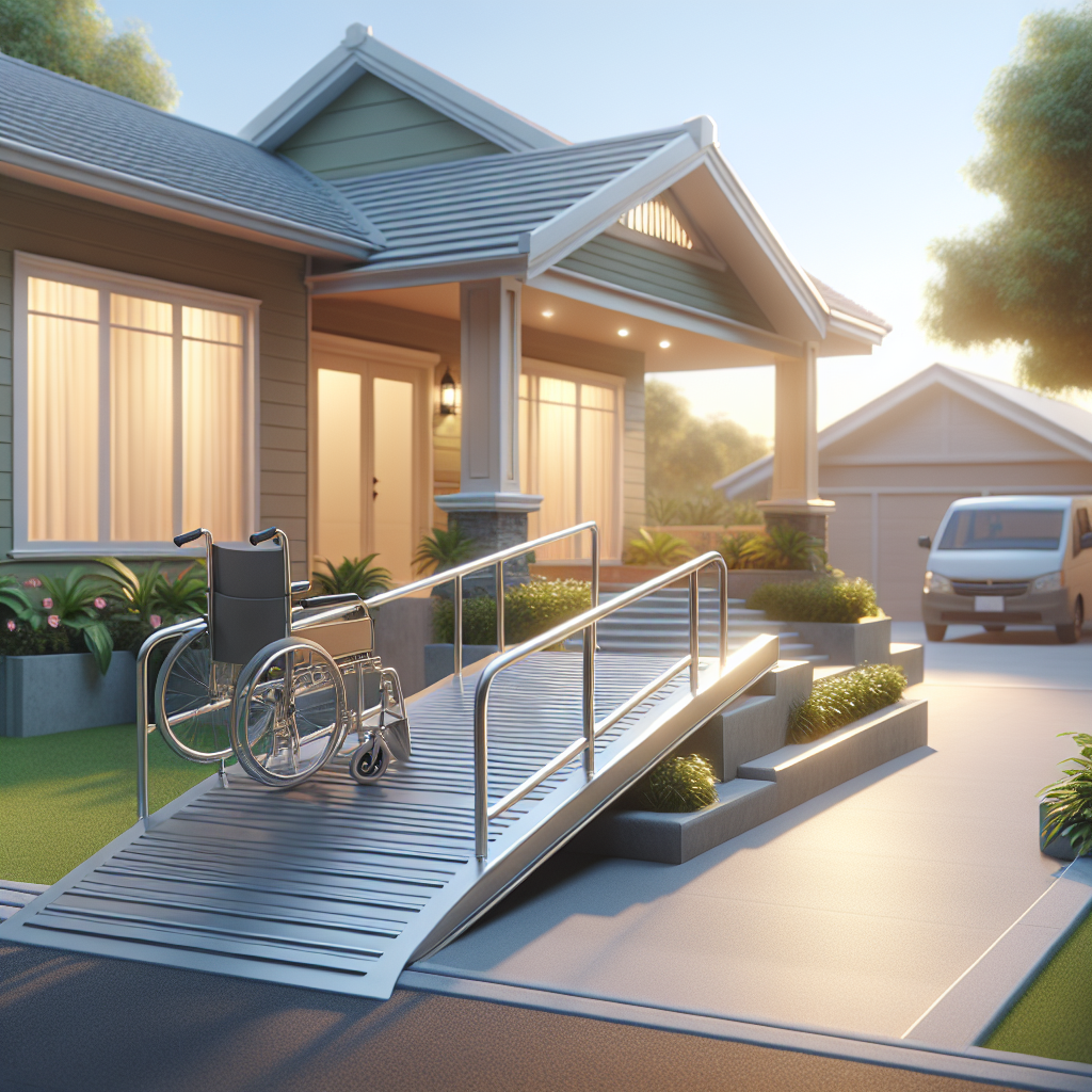 Show a scene focusing on a home ramp designed for accessibility, placed outside a domestic setting. The ramp should make navigation through the house effortless, especially for those who have Amyotrophic Lateral Sclerosis (ALS). It may be made of sturdy materials like concrete or metal and should be equipped with handrails for extra support. The overall aesthetic should reflect convenience and safety. The light should be natural, radiating a warm and inviting appearance. Soft shadows should be cast, adding a sense of depth to the layout. The background might contain a neatly manicured lawn enhancing the suburban feel of the scene.