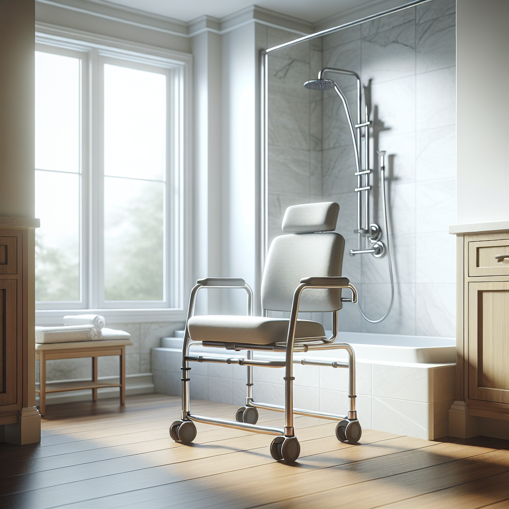 Craft a high-quality, highly detailed, photorealistic image featuring a bathroom scene. Within this setting, the focal point should be a safely designed shower chair, equipped with essential elements like grab bars for support. Accompany the chair with various transfer benches that offer affordable safety for those who need it. The room should be filled with natural lighting, creating soft shadows that add to the calming, serene atmosphere of the space.