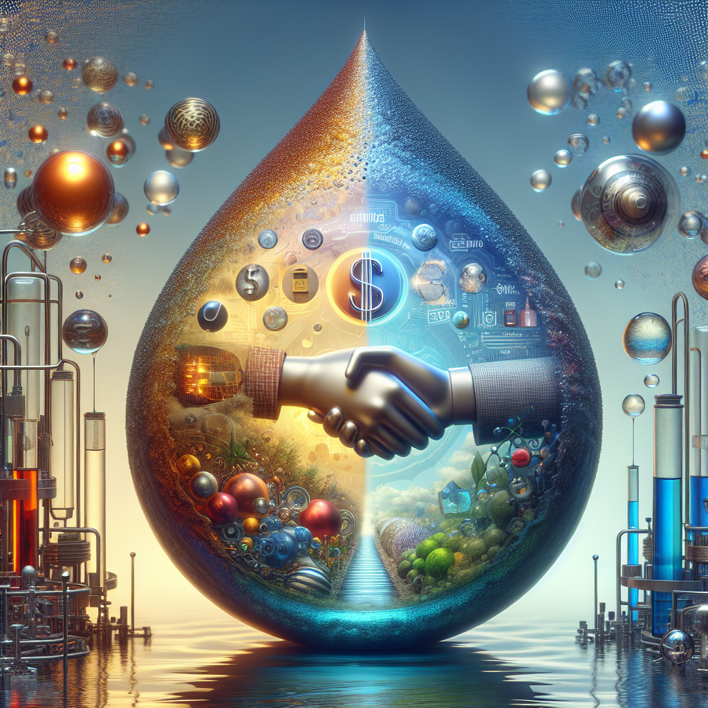 Visualize a conceptual scenario representing the recent development. A close-up view of a water droplet, shimmering with diverse colors representing different metals. Inside the droplet, minute lab equipment symbolizes research and development, with a currency symbol, possibly dollar sign, subtly integrated into the design to signify the financial aspect of the breakthrough. On the surface, where the droplet meets the outside environment, a handshake or a signed document appears, representing the real water deal. The surrounding backdrop can be a water-related texture or pattern, emphasizing the theme.