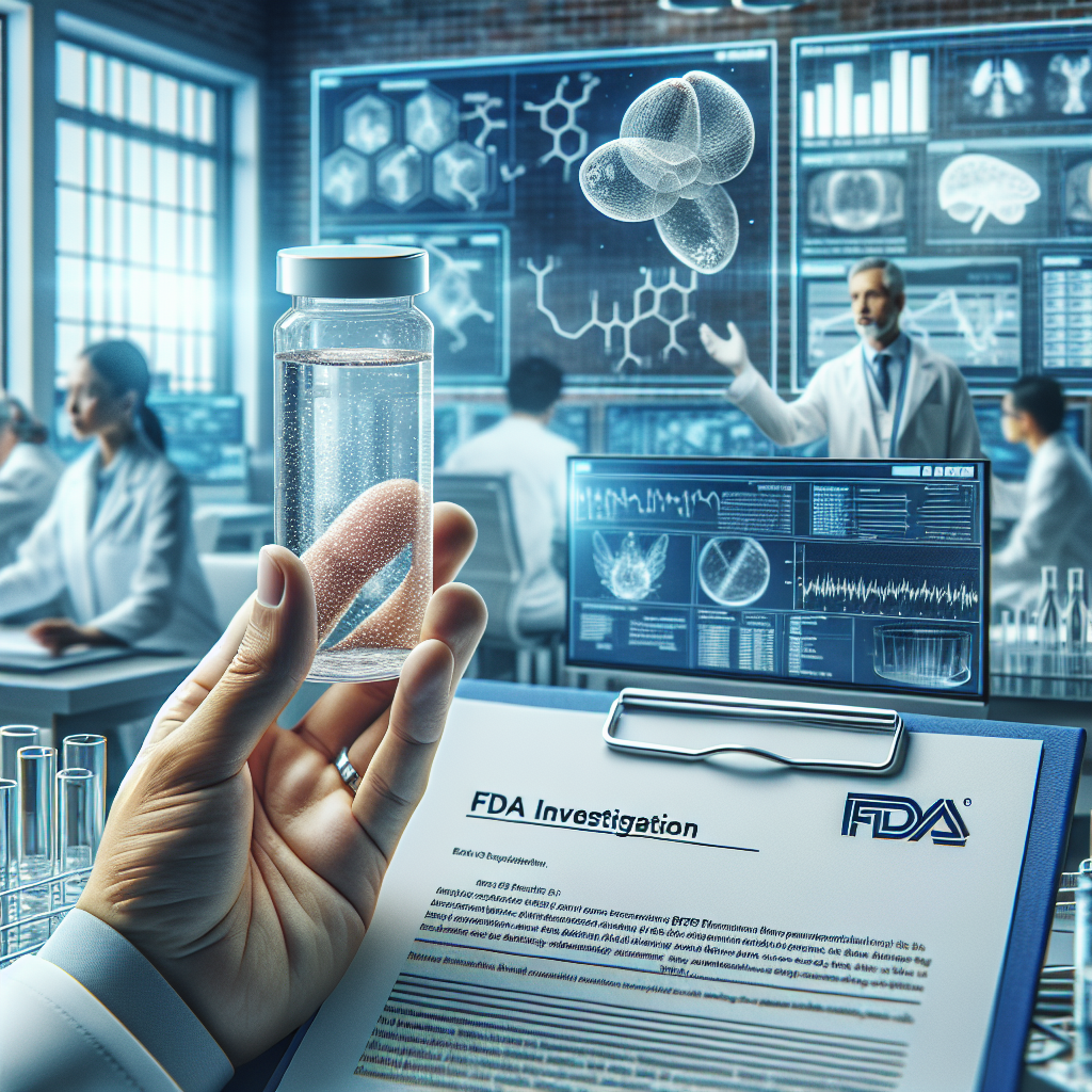Depict an investigative scene where scientists in a modern laboratory are examining water samples. In the forefront, a water sample is held up in a clear vial, showing small particles floating inside. Nearby, a detailed report titled 'FDA Investigation' lies open, revealing charts and diagrams related to Acute Liver Failure. Include digital screens displaying scientific data in the background. Remember to bring in diversity by having scientists of different genders and descents such as Caucasian, Middle Eastern and Asian involved.