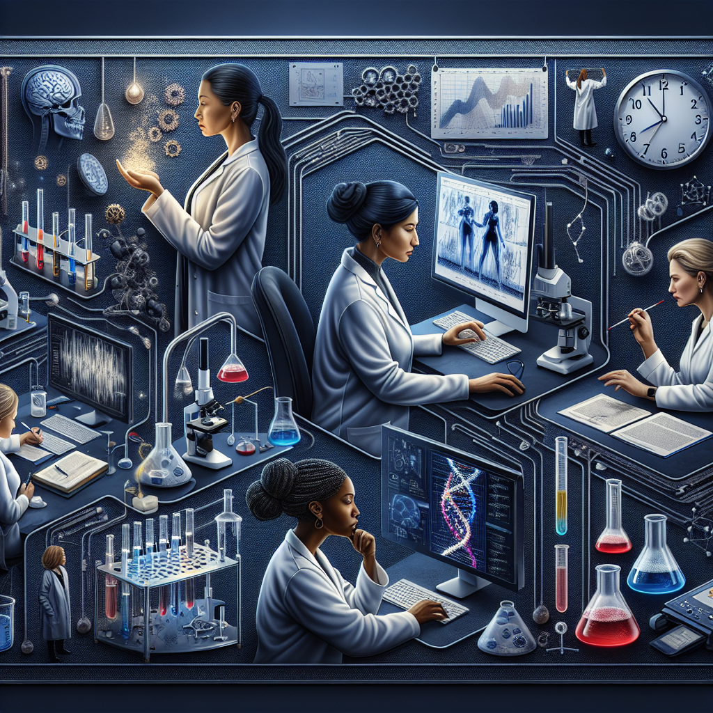 An impactful visualization of women in the field of ALS research, each dealing with unique challenges. Depict a Caucasian woman in a lab coat, analyzing test results on a computer screen with deep concentration. Feature a South Asian woman in a similar setting, painstakingly mixing chemicals in a beaker. Include a Black woman engrossed in writing scientific theories on a chalkboard. Incorporate distinct objects symbolizing their individual challenges: a clock showing time constraints, a stack of research papers signifying workload, and a balancing scale to represent work-life balance. Set within an advanced lab environment filled with modern-day research equipment.