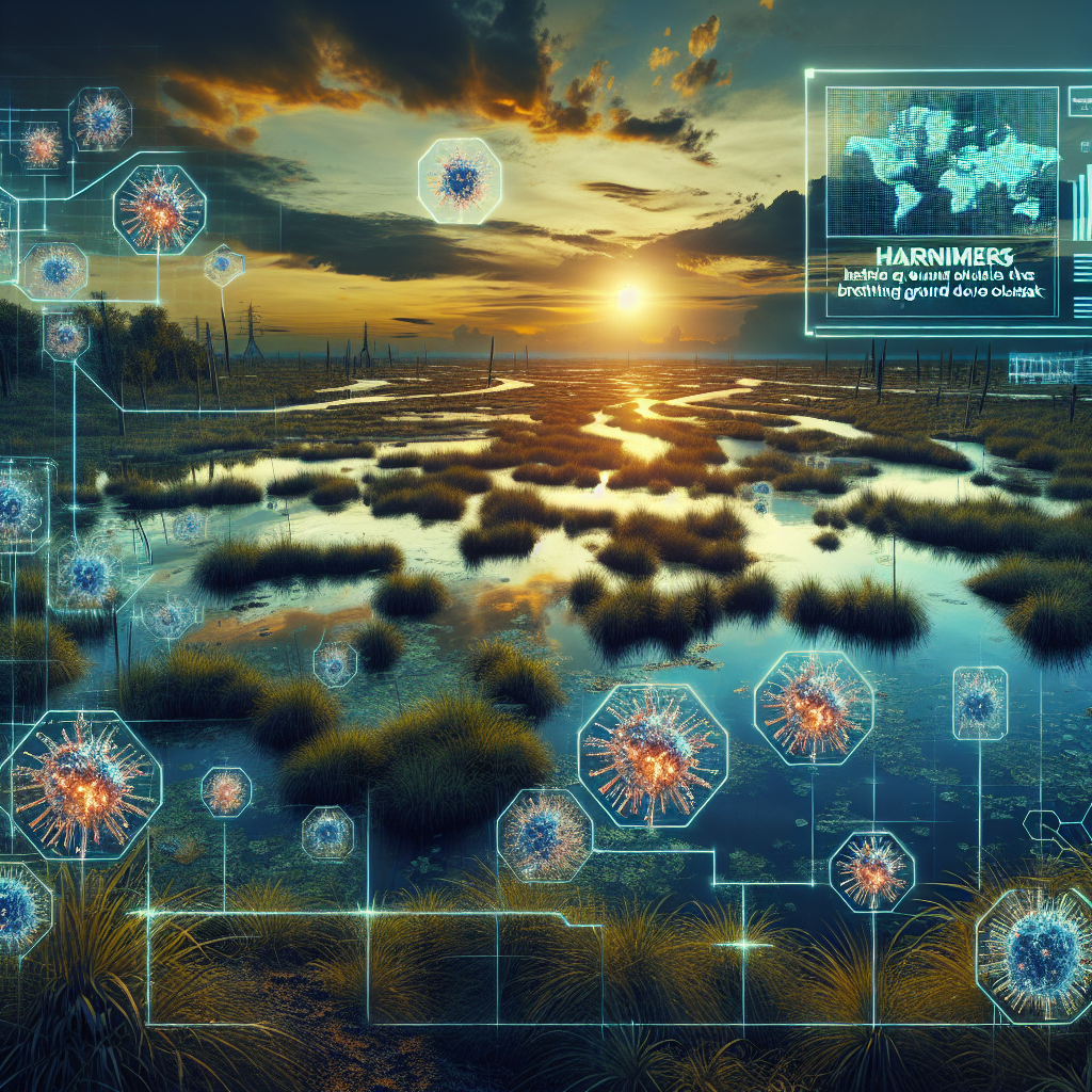 Visualize a detailed and realistic scene depicting the wetlands at dusk. The surface of the marshy land is abundant with diverse vegetation, reflecting the orange hues of the setting sun. The water pools glimmer under the twilight, showing a direct link to them being the breeding ground for the cause of a Hepatitis outbreak. Illustrated in the foreground, a large, glaring warning sign intimates the danger due to the outbreak. A digital overlay map on the side indicates high-risk areas. Include image representations of Hepatitis virus particles floating subtly on the side, hinting at the unseen danger in such beautiful surroundings.