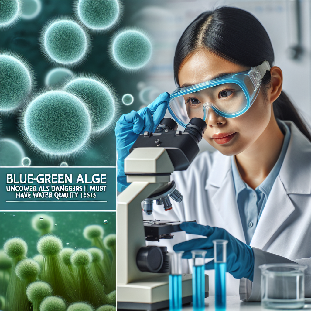 An image showing microscopic views of blue-green algae (cyanobacteria), juxtaposed with a scientist conducting water quality tests in a laboratory. The scientist, an Asian woman, is wearing safety goggles, a white lab coat, and latex gloves, as she scrutinizes a sample of freshwater under the microscope. Above these depictions, the title 'Blue-Green Algae: Uncover ALS Dangers with Must-Have Water Quality Tests' is displayed in bold, impactful letters.