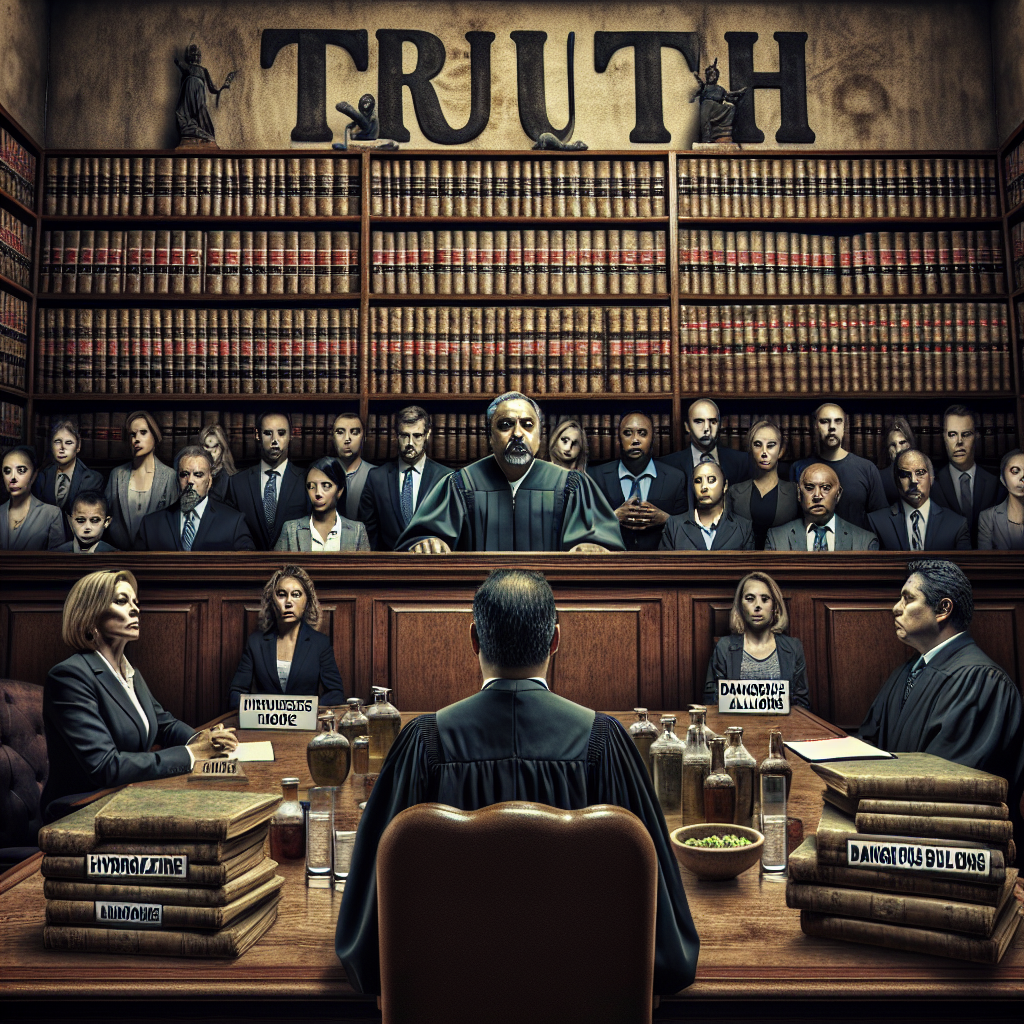 An intense courtroom scene featuring a diverse group of individuals. In the foreground, a middle-aged South Asian male judge with a stern expression, wearing a black robe and sitting behind an imposing wooden desk. Walls of ancient law books serve as a background. In the center, a table with piles of documents labeled 'Hydrazine' and 'Dangerous Billions', with a Caucasian female lawyer presenting a compelling argument. In the stand, we have a frightened Hispanic middle-aged man representing the water company. Overhanging the scene is the word 'Truth' in impactful, formidable letters, echoing the gravity of the real water judgment.
