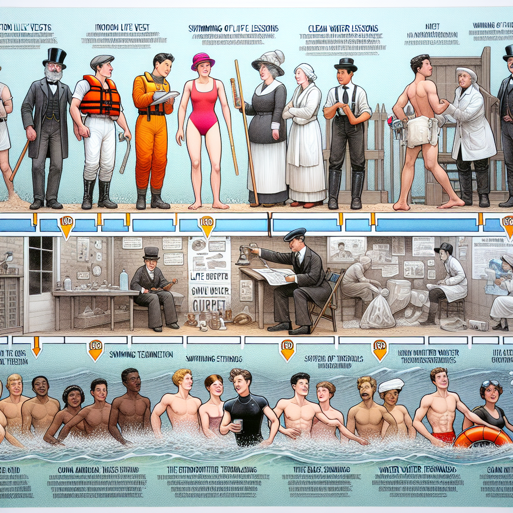 A detailed depiction of a timeline, where each marker is a unique historical event connected to water safety. First, show the invention of life vests in the 1800s with a Caucasian male inventor, then, the creation of swimming lessons in the 1900s with a Hispanic female instructor. Present the establishment of clean water standards in the mid-1900s with a Middle Eastern male scientist, followed by the introduction of lifeguard training programs in the late 1900s featuring a Black female lifeguard. End with a representation of modern water filtration technologies being handled by a South Asian male engineer. Make sure to add captions under each vignette, giving short safety tips related to the events.
