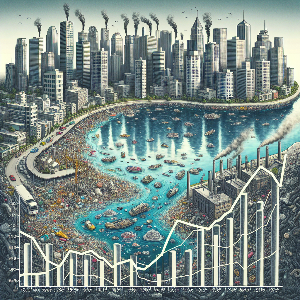 An image depicting a typical urban scene with skyscrapers and highly populated residential areas. The city's water sources such as a river or pond are unfortunately filled with various types of pollution like plastic waste, oily substances, and industrial waste. These bodies of water are in stark contrast with the gray concrete buildings and they look toxic and unwelcoming. Next to this, there's an alarming timeline chart, increasing in a steep manner, which represents the rate of ALS (Amyotrophic lateral sclerosis) cases in the area over recent years. The connection between the polluted water and the increasing illness rates is clear and unsettling.