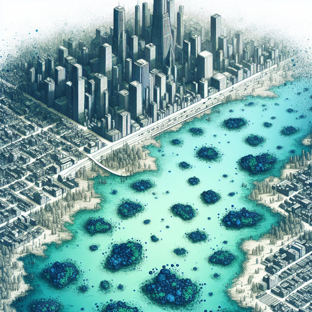 Create a detailed depiction of a cityscape with various bodies of water, such as rivers, lakes, and ponds. Show the urban environment within the foreground and background, with skyscrapers and city buildings. Within these bodies of water, vividly illustrate clusters of blue-green algae, making them appear abundant and invasive. It should be clear that these algae are threatening the ecosystem. Make sure the atmosphere appears gloomy, emphasizing the dangers associated with the proliferation of these harmful algae. As a symbolic element, include an abstract figure of ALS, perhaps a dark cloud or menacing shadow, subtly lurking over the waters.