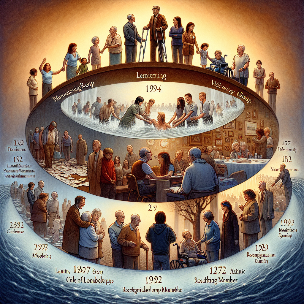 An evocative image depicting a progression of important events highlighted in the timeline for ALS patients support groups. The visual narrative begins with the establishment of the first group, represented by diverse individuals, men and women of caucasian, hispanic, black, and Asian descent, embracing solidarity. This progresses to scenes of meetings, cyclings of leadership, and landmark moments such as reaching membership milestones and recognition by health entities. Each time marker is symbolically represented by water droplets, a nod to the name 'Real Water', forming ripples, indicating the growing impact of these support groups.