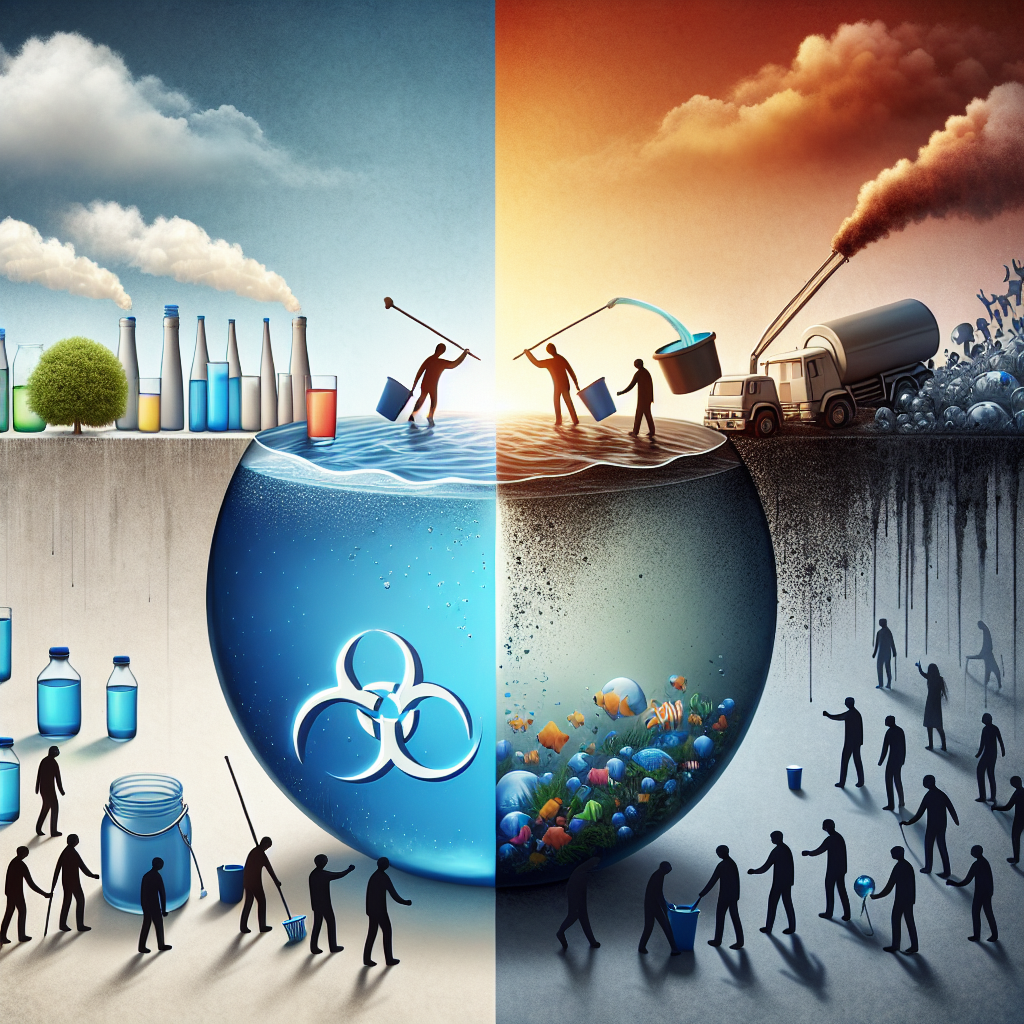 Visualize a conceptual image that represents the need for cleaner public policy against ALS. Picture a clean, drinkable water symbolizing the desired policy, while dirty, contaminated water stands for the current problematic situation. Also feature an abstract symbol of ALS, fittingly enveloped by both waters. A group of people from different descents and genders are trying to purify the dirty water, serving as a metaphor for the act of driving positive change. Strong colors, light, and shadows contrast the two sides, highlighting the difference and underscoring the issue. Keep the style realistic and the resolution high.