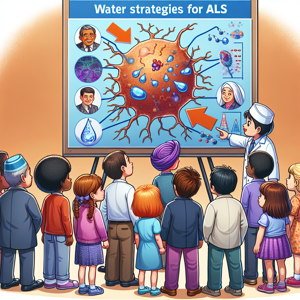 Visualize a concept of a child-friendly strategy in combating ALS. Represent it with an illustration of diverse, curious children of different descents such as Hispanic, Caucasian, Middle-Eastern, and South Asian looking at a poster showing water strategies for ALS combat. The poster should depict a magnified neuron showing signs of ALS and an arrow leading to a healthy neuron, signifying recovery, with water droplets carrying molecules denoting 'strategies'. No real individuals, politicians, public figures, or copyrighted materials should be present.