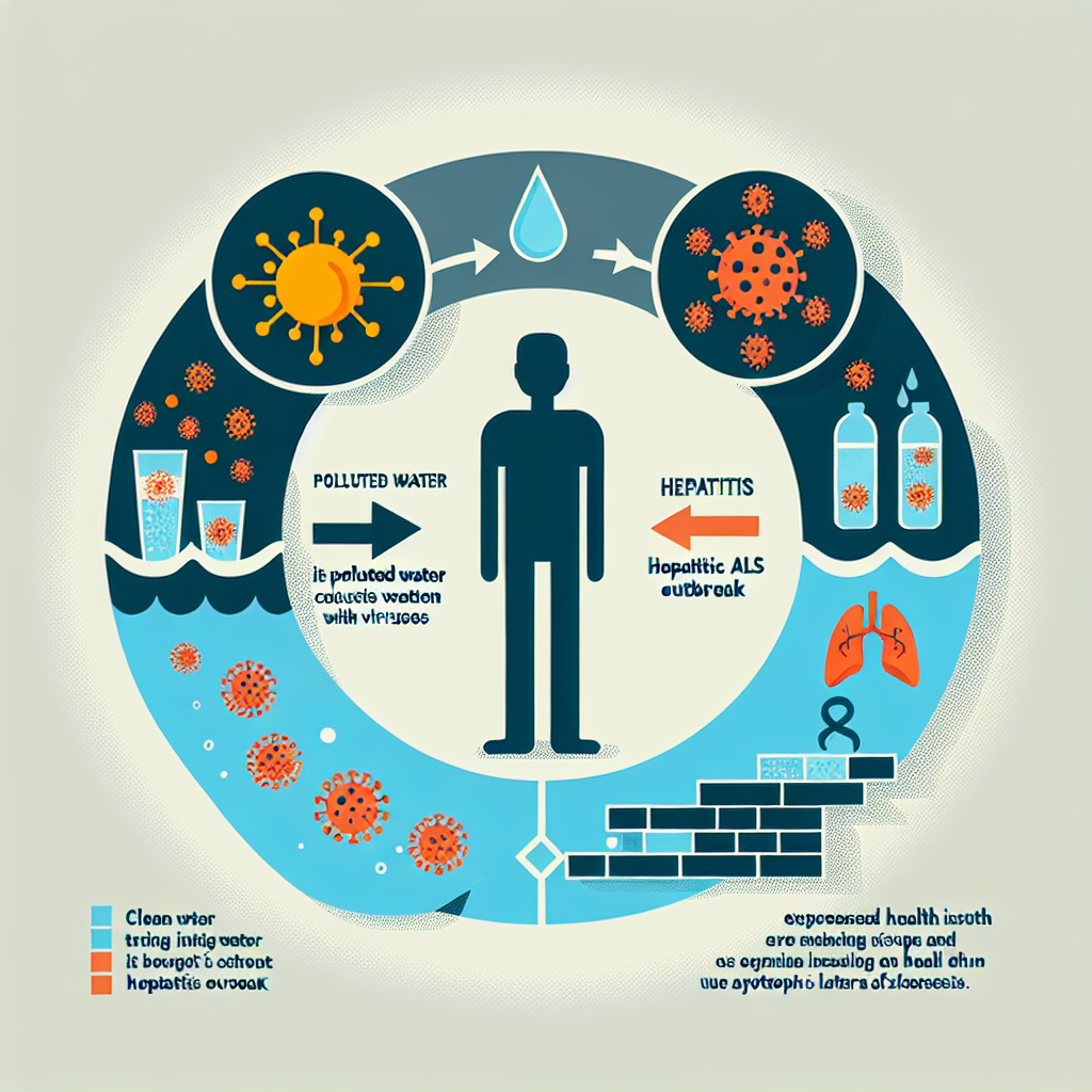 Showcase an illustrative infographic demonstrating the correlation between polluted water causing a hepatitis outbreak and its potential alarming impact on the health of individuals with ALS (Amyotrophic Lateral Sclerosis). The image needs to clearly display different stages: clean water turning into polluted water with viruses, then a symbolic representation of hepatitis outbreak and finally, a silhouette of a person with ALS, highlighting the exacerbated health issues due to hepatitis infection. The infographic should be visually engaging, precise, and educational in order to effectively communicate this complex health issue to readers.
