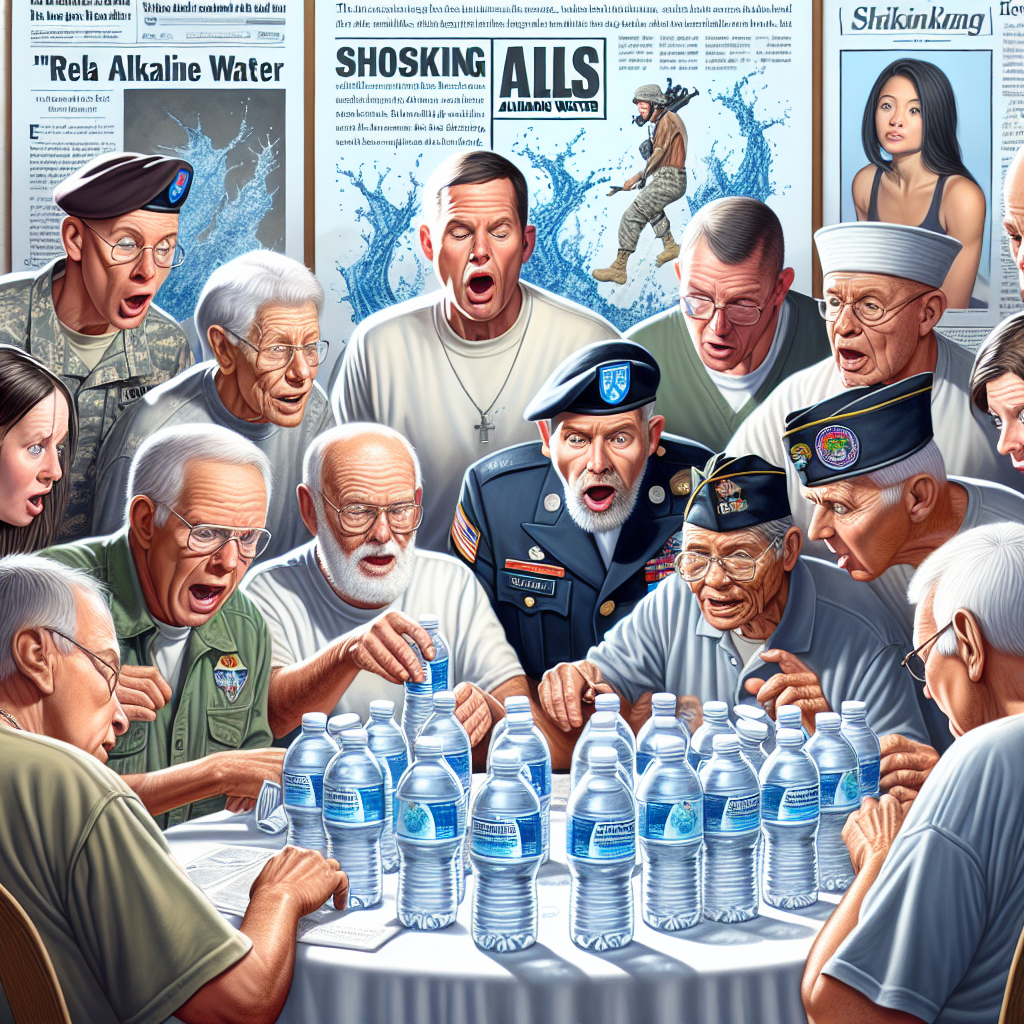 Construct an illustration for an article that's featuring veterans who are battling ALS. Show them gathered around a table, studying various water bottles, their expressions reflecting surprise and satisfaction. Let the water bottles be labelled as 'Alkaline Water', their labels containing scientific facts and data. On the wall behind them, display a newspaper clipping with a dramatic headline about a shocking 'Real Water' incident. Make sure to depict diversity in the veterans, including different genders and descents like Caucasian, Hispanic, Black, Middle-Eastern, and South Asian. Paint this in a realistic, detailed style.