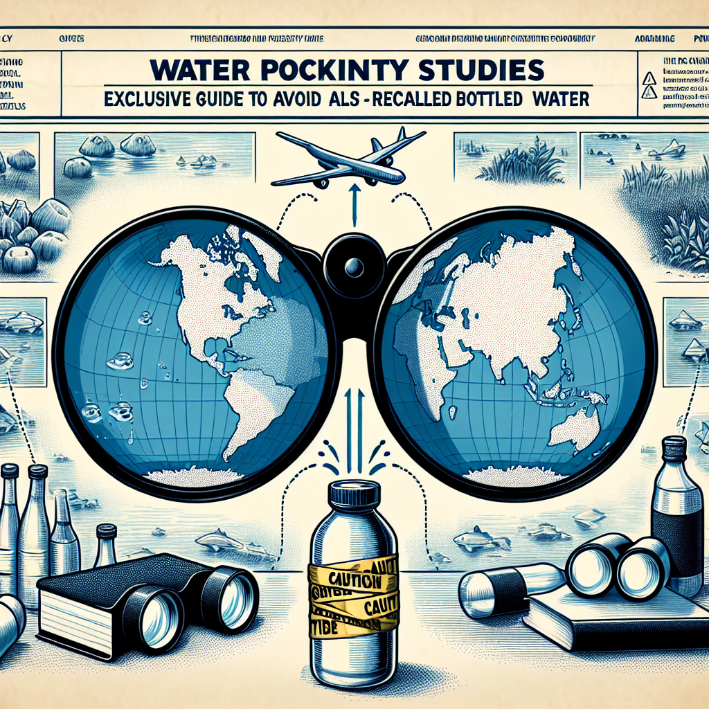 Imagine an illustrated diagram for an article. At the top, accompanying the title 'Water Proximity Studies: Exclusive Guide to Avoid ALS and Recalled Bottled Water', visualize a pair of binoculars examining a map marked with multiple water bodies. This map should metaphorically communicate the concept of water proximity studies. On the right, portray a caution tape wrapped bottled water indicating the danger of recalled bottles. Near the center of the diagram, illustrate a book with the title 'Guide'. Every detail should be clear and precise to provide an easy understanding of the serious subject matter on hand.