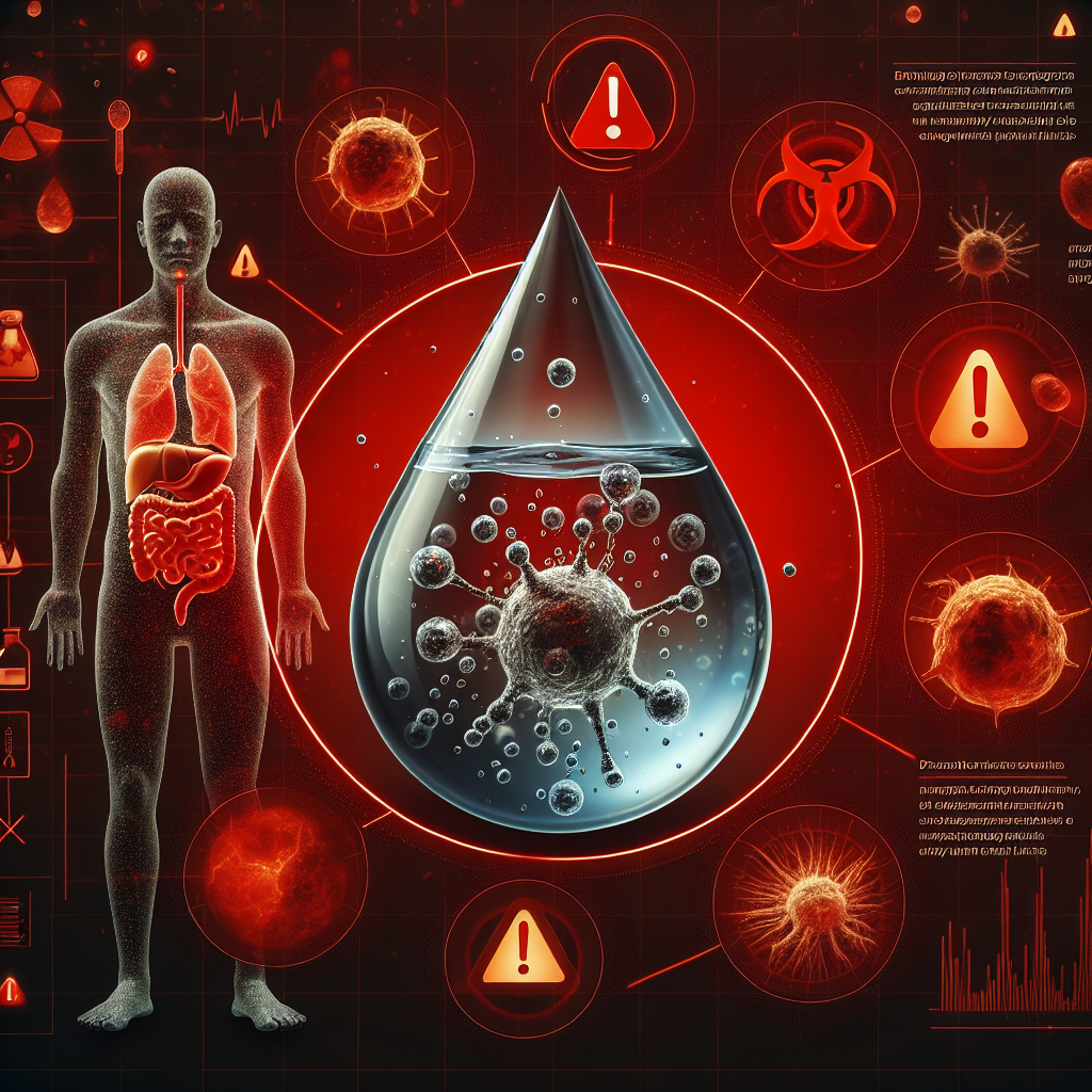 Create a striking image that encapsulates the seriousness of an unfolding public health crisis. At the center, showing a droplet of water, clear yet containing sinister microscopic organisms, symbolizing the threats in our water supply. Surround this with a dramatic red warning color and alarm icons to underline the urgency of the situation. Have the background be an infographic style depiction of a human body with highlighted signs of liver damage, such as an enlarged, yellowish liver, which characterizes the issue at hand- the disastrous toll unhealthy water can take on our body, specifically liver.