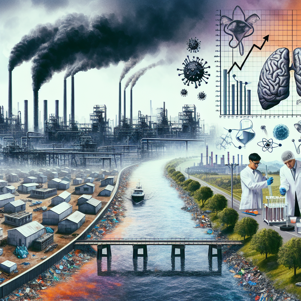 Picture an urban landscape with industrial factories looming in the background, emitting dark smoke into the sky. A once beautiful river running through this city is now discolored and filled with floating trash. On one side, a scientist of South Asian descent is collecting samples of the water into glass tubes. Additionally, depict a graph on a billboard showing increased ALS Rates and Non-Viral Hepatitis Symptoms overlaid on the cityscape. Finally, incorporate symbols associated with these diseases like a brain for ALS and a liver for hepatitis.