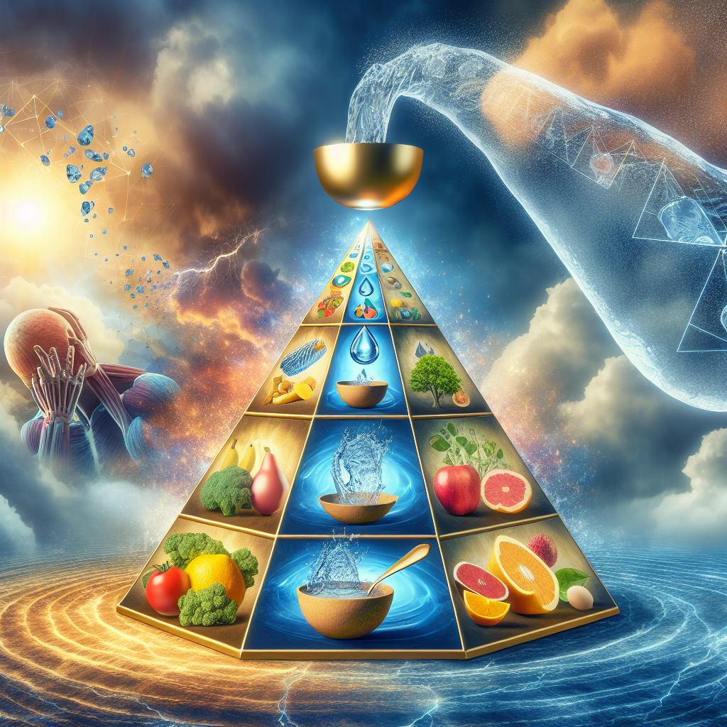 Imagine a powerful and dynamic visual metaphor for an article titled 'ALS Nutrition Revolution: The Unprecedented Downfall of Real Water'. In the foreground, let's have a symbolic items: a food pyramid, representing the concept of nutrition, but modified to emphasize the role of different dietary components in managing ALS, a neurological disorder. Each layer of the pyramid is populated with images of specific foods beneficial forALS patient's health. On top of the pyramid there's a golden cup filled with clear water. The background features a dramatic scene of a giant water droplet, representing 'real water', falling from the sky, a metaphor for its unprecedented downfall.
