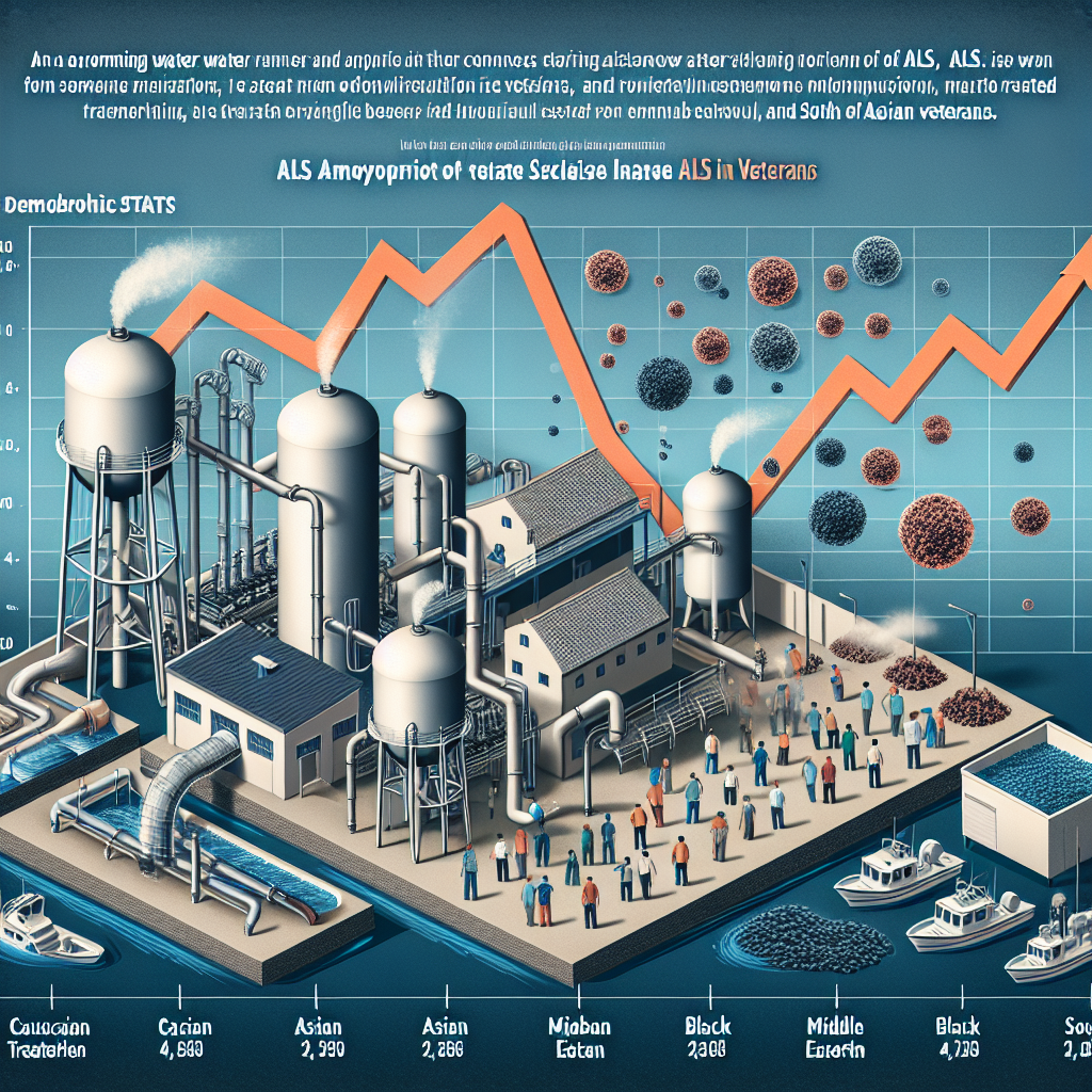 A detailed infographic illustrating the connections between raw treated water risks and an alarming trend of ALS (Amyotrophic Lateral Sclerosis) in Caucasian, Asian, Hispanic, Black, Middle Eastern, and South Asian veterans. The infographic can depict a water treatment plant, raw water with harmful substances, and wafting particles symbolizing the spread of risk. It also includes the demographic stats representing the ethnic diversity of affected veterans along with gender breakdown. An upward trending line graph, symbolizing an increasing trend of ALS in veterans, stands prominently in the backdrop.