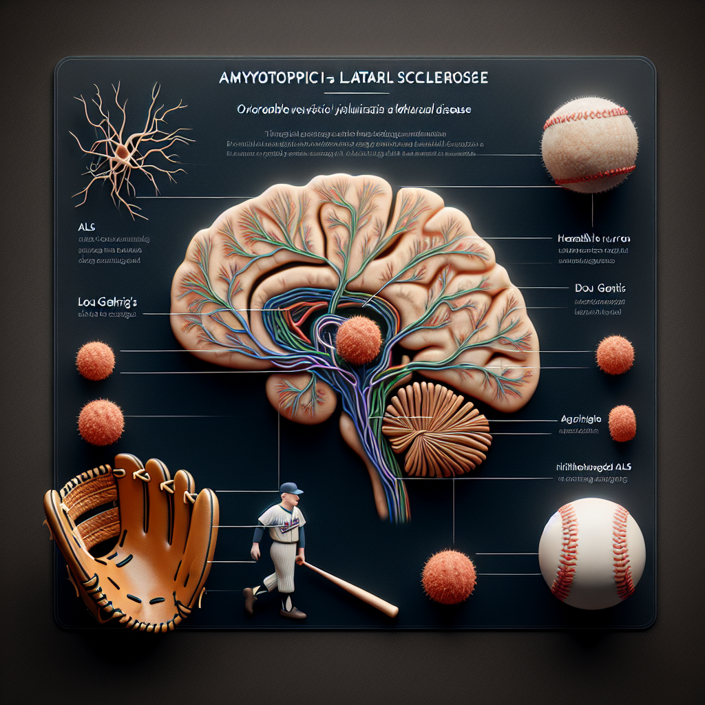 An overview visualization of Amyotrophic lateral sclerosis, also known as Lou Gehrig's Disease. Depict an educational diagram illustrating the nervous system with highlighted parts showing both healthy neurons and those affected by ALS. Additionally, symbolize the unforgettable legacy this disease has left behind perhaps by adding a baseball mitt and a baseball, to hint at the famous baseball player closely associated with the disease, without naming or depicting him directly.