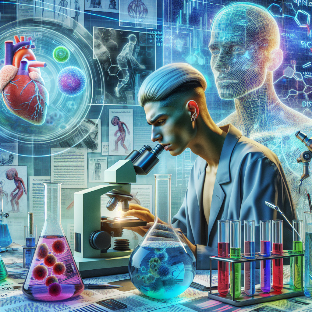 Visualize a thought-provoking scene related to medical research. An androgynous scientist of South Asian descent is at a laboratory, surrounded by high-tech equipment and glass beakers with bubbling, brightly colored liquids. They are intensely focused on a water sample under a microscope, with a digital screen beside them showing complex data. A massive holographic illustration is floating in mid-air, displaying a detailed diagram of the Amyotrophic lateral sclerosis (ALS) disease process in the human body. The background shows numerous articles and newspaper headlines, alluding to a recent scandal in the field. All elements should hint at a major breakthrough.