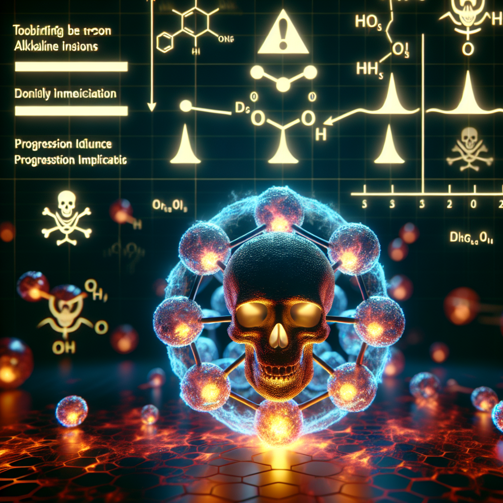Create an image representing a close-up view of an alkaline water molecule with brightly lit alkaline ions in the foreground. In the background, subtly incorporate elements that symbolize toxicity such as a skull and crossbones subtly emitted from the alkaline ions to signify negative implications. Also, depict a chart in the corner of the image, showing the progression stages of Amyotrophic Lateral Sclerosis (ALS). Make the chart be glowing slightly to reflect danger associated with the disease. The atmosphere should evoke a sense of mystery, intrigue and concern related to the ongoing controversies and debates about alkaline water's impact on ALS.
