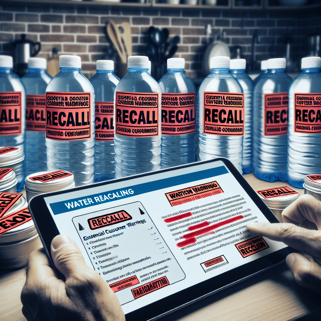 Generate an image that represents a scene about water recall. Imagine a close-up view of a kitchen countertop cluttered with various unopened water bottles sporting large, warning stickers with bold, red lettering indicating 'RECALL.' Nearby, a concerned adult of Middle-Eastern descent is visibly researching recall information on a tablet screen. The scene indicates an intense focus on safety and health, with highlighted phrases like 'Essential Consumer Warnings' and 'Safeguarding Health' being prominent on the screen.