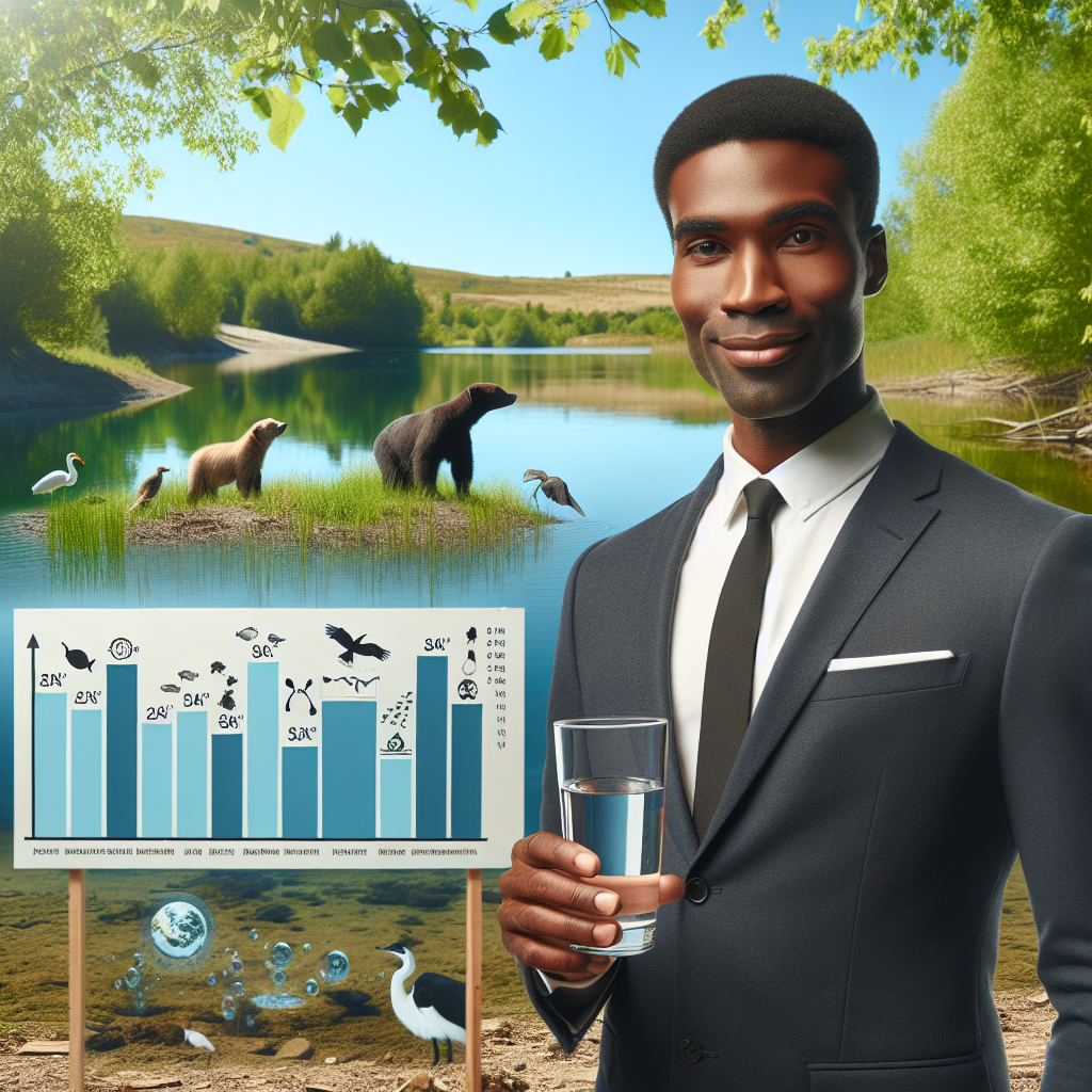 An image of a confident corporate executive, who is a Black man in a suit, standing by a significantly cleaner lake than before. He is holding a glass of clear water to display the improvement in the lake's water quality. In the background, one can see wildlife that has returned due to the reduction in pollution. Bright, healthy trees surround the lake, further illustrating environmental rejuvenation. In the middle distance, an informative sign charts the decrease in pollution levels over time, showing dramatic improvement.