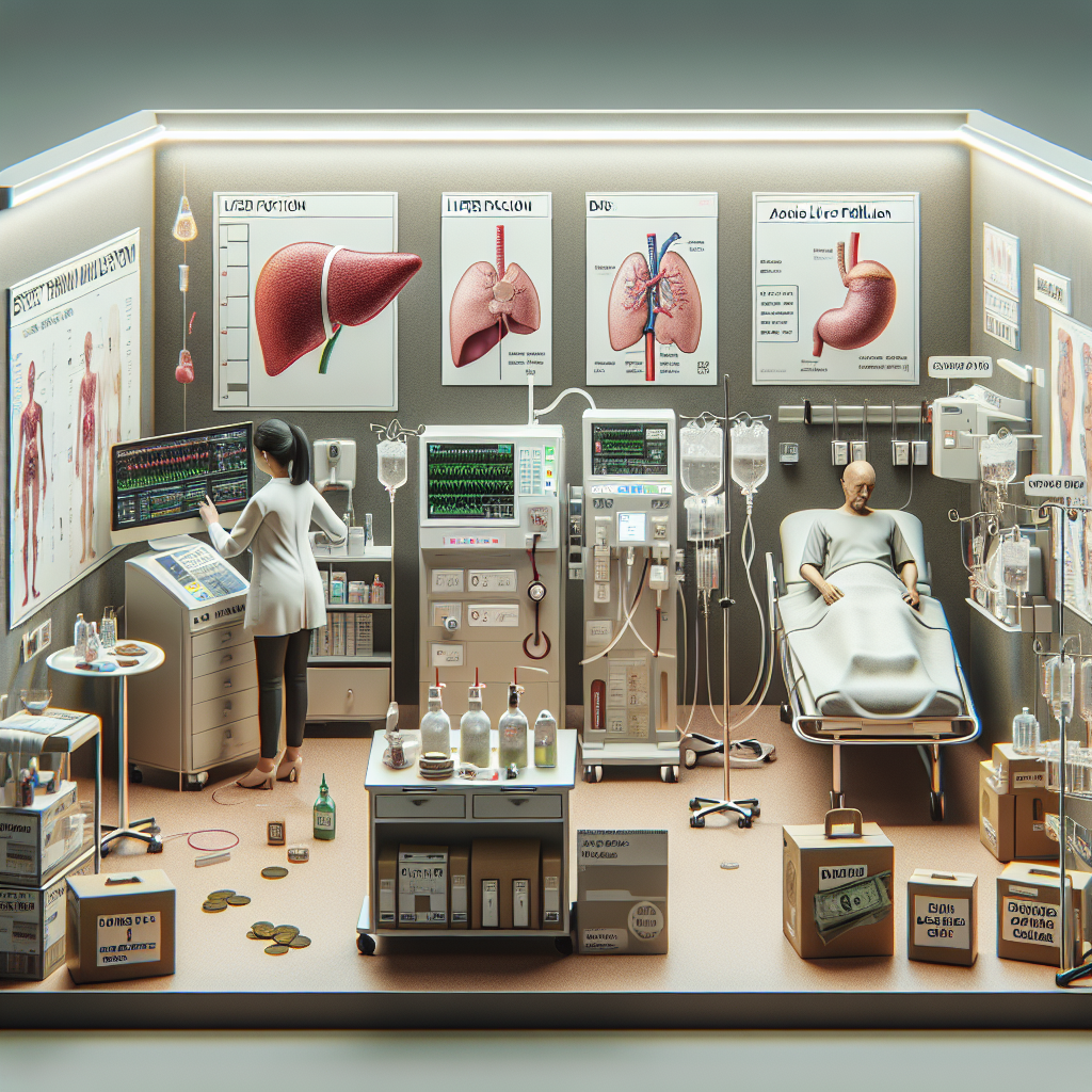 An image representation of a complex medical setup for expert care and treatment of Acute Liver Failure. The room should be state-of-art modern, equipped with cutting-edge technology. The depiction should include medical charts detailing liver functions, a saline stand, a dialysis machine, and a bed designed for comforting seriously ill patients. An anonymous healthcare professional, an Asian female, should be adjusting the dialysis machine with precision. A patient, a Black male, must be resting on the bed. Display signs of affordable care options, like scale models of piggy banks, dollar bills, and discount tags spread across the room.