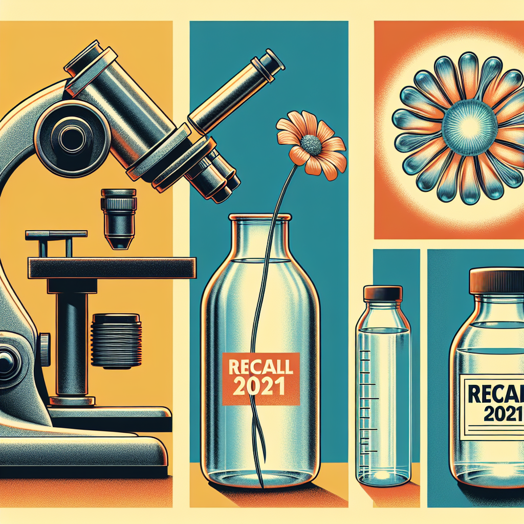 Showcase symbolic and impactful representations of medical research that connote hope and breakthroughs. Feature a close-up of a microscope, hinting at the nature of scientific studies and revelations. Alongside, include an image of a simple water bottle with a label reading 'Recall 2021', signifying a major event of the year. For the depiction of ALS, use a strong, hopeful image such as a blooming flower or a rising sun, metaphorically suggesting the progress being made in finding a cure. Ensure the color scheme induces sentiments of positivity and resilience.