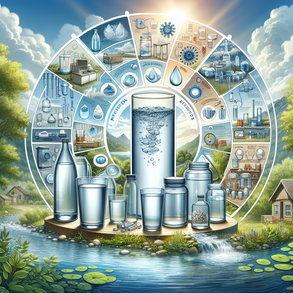 An informative image illustrating the prevention of waterborne illnesses. In the foreground, show a visual representation of clean, purified water in clear vessels such as a glass, a bottle, and a large home water filter. Around these objects, include illustrations of essential steps in preventing waterborne diseases, like boiling water, using water purification tablets, and proper water storage. As a backdrop, depict an outdoor scene with a natural water source like a river or a lake, to emphasize the importance of clean water in nature. In the sky, engrave the words 'Prevention Guide' and 'Combat Waterborne Illnesses with this Essential Knowledge!'