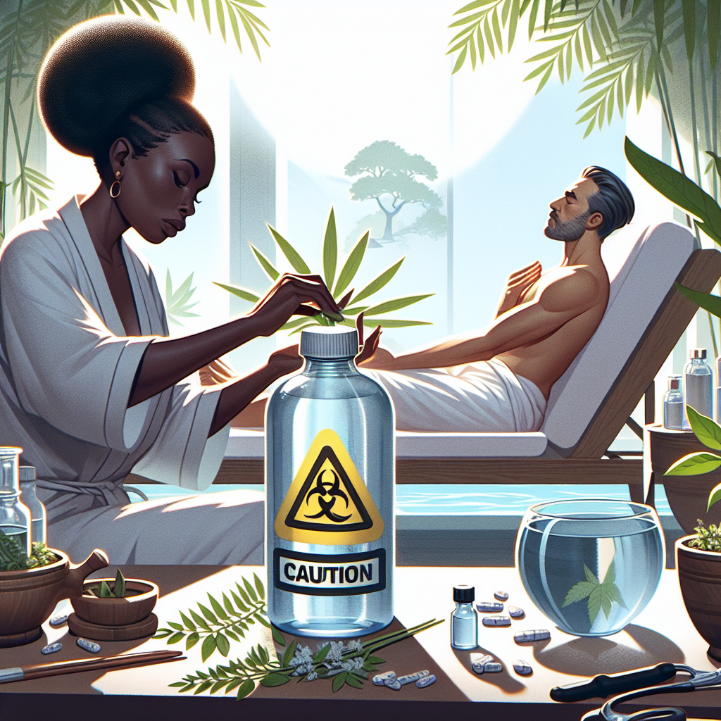 An illustration of a serene, holistic treatment setting. In the foreground, a Black woman, possibly an herbalist, is preparing a medicine from plants. Near her is a bottle of water, not distinctively branded, with a caution symbol overlaid, symbolizing a scandal. In the background, a Caucasian man is seated comfortably, practicing deep breathing techniques, providing a sense of relief. The mood should be hopeful and calm, and the art style realistic.