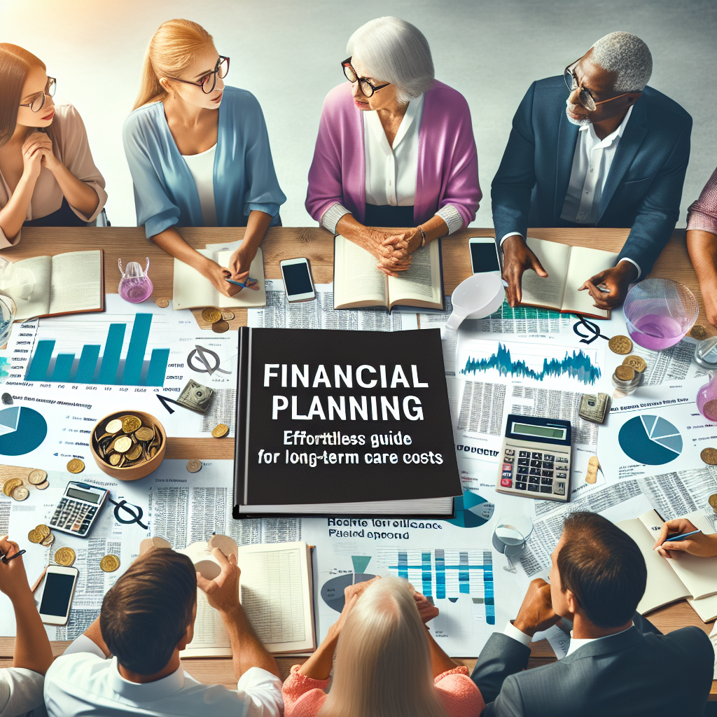 An image showing a diverse group of individuals, including a Caucasian woman and a Hispanic man, engaged in a discussion on financial planning. In the middle of the table is a guide labeled 'ALS Financial Planning: Effortless Guide for Long-Term Care Costs'. Strewn around are various finance-related items, like calculators, graphs of stock markets, retirement accounts and long-term care insurance brochures. The atmosphere is relaxed and positive, promoting the idea of effortless planning. The individuals' expressions reflect concentration and interest, emphasizing the importance of the subject.