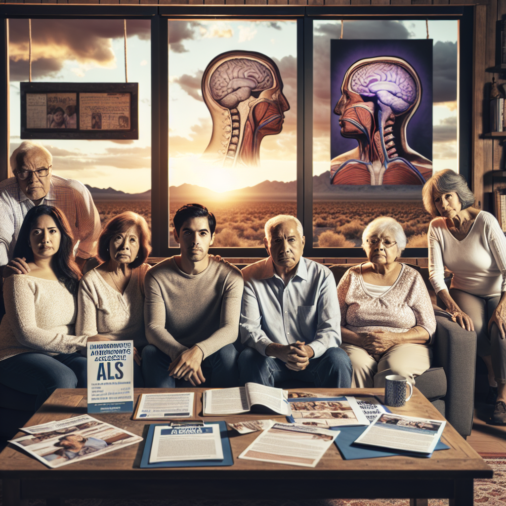 A multigenerational Hispanic family gathered in a cozy living room, displaying a range of emotions from concern to support. On a coffee table, there are pamphlets and documents related to ALS (Amyotrophic Lateral Sclerosis), suggesting a recent diagnosis. The background features a desert landscape, indicative of Nevada's characteristic geography. Through a window, the setting sun paints a beautiful, contrasting imagery of endurance and hope amidst adversity.