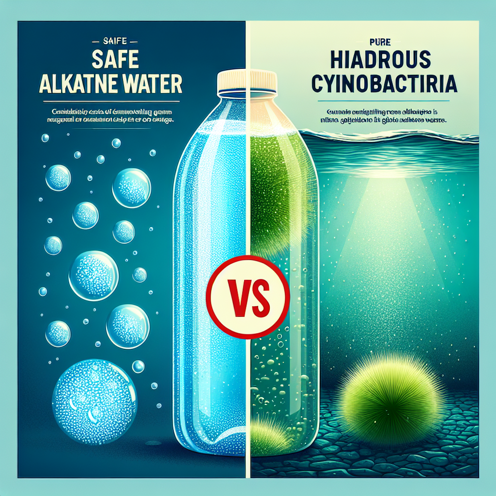 Design an informative visual that portrays the dramatic comparison between safe, genuine alkaline water and the hazardous Cyanobacteria. On one side of the image, include a crystal-clear, radiant bottle of pure alkaline water with its characteristic blue color and tiny bubbles. On the other side, showcase cyanobacteria as a pestilent green layer on a water surface, indicative of the imminent danger it presents. Consider adding a 'vs' in the center to distinctly separate the two. And finally, add captions, debunking common myths about alkaline water.