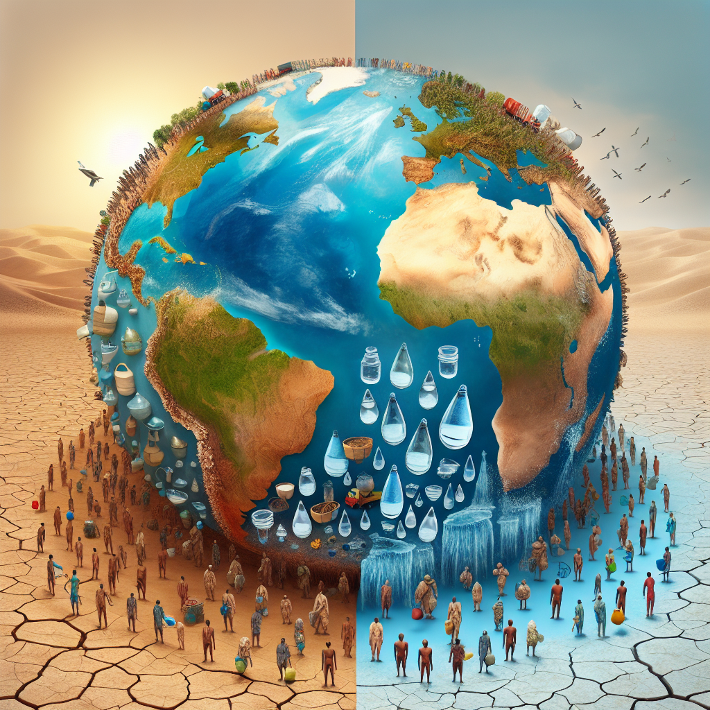 Render an image that metaphorically represents global water issues and their impact on Amyotrophic Lateral Sclerosis (ALS) disparities. In the foreground, illustrate a globe with two halves. On one half, display an abundance of clean water sources - rivers, lakes, and rain. On the other half, show a scarcity of water, arid land, and parched earth. Depict people of various descents / races on both sides, owing to the global nature of the issue. Each person on the dry half should symbolically carry a burden, representing the higher prevalence and burden of ALS in regions with inadequate water supply. Ensure to make the divide and contrast clear and poignant.