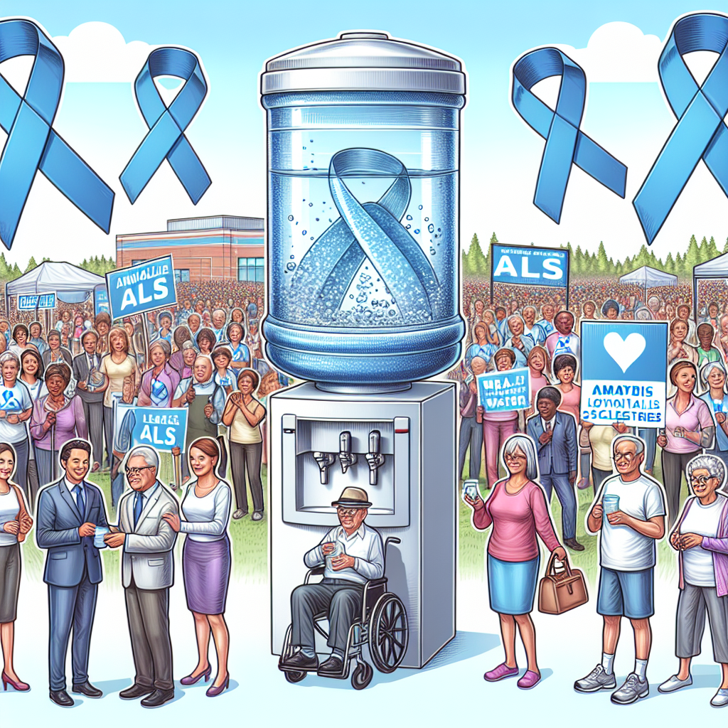 Create a detailed illustration showing various determined consumers at a charity event themed around Amyotrophic Lateral Sclerosis (ALS) awareness. Picture community members of different genders and descents actively participating in this event. Present scenes of people donating money, volunteering their time, and promoting the cause. On the side, illustrate a giant dispenser filled with clear, clean water symbolic of 'real water', which signifies transparency, purity, and life. Sprinkle awareness ribbons in the background, reflecting the unity in this fight against ALS.
