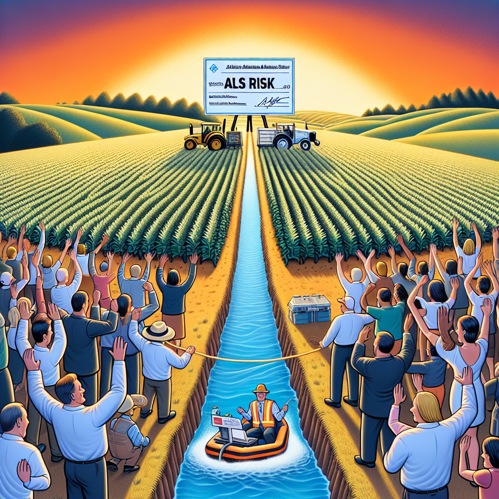 An image showing a symbolic representation of the link between pesticide runoff and ALS risk. Illustrate a rural setting with farmlands, where pesticides are visibly being sprayed on crops and subsequently seeping into a nearby river, representing the runoff. Let's add a cautionary sign indicating 'ALS Risk', located near the contaminated river. To depict the victory, create a jubilant crowd of diverse individuals including Caucasian men and women, Hispanic men and women, and Black men and women, who are celebrating with oversized check showing '$228M'. Make sure to have the majestic rolling hills in the backdrop under the vibrant sunset.