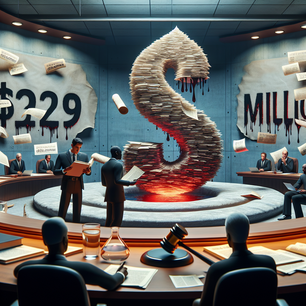 An unraveling 3D courtroom setting with a large figure of $129 Million at the center, surrounded by law books and legal documents. Some of the sheets have the title 'Real Water Lawsuits'. Nearby, there's a daunting symbol of a health cross, exuding a subtle red glow to depict the health scandal. In the foreground, a focused male Hispanic lawyer scanning documents, while a Black female judge overlooks the situation with a grave expression. The atmosphere is intense, resembling the true gravity of the legal proceedings.