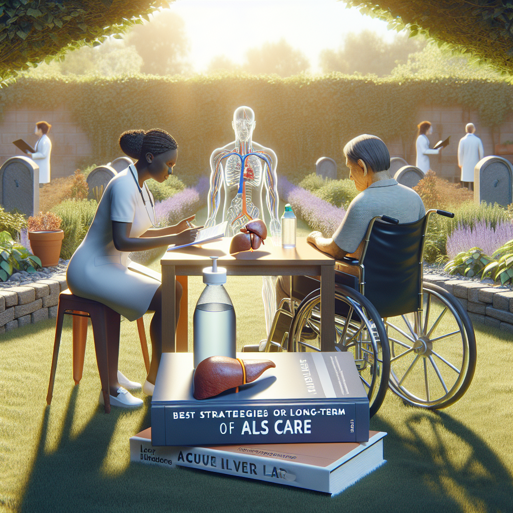Visualize a serene garden setting with a hospitable environment, aimed to depict long-term care for ALS patients. The scene includes a Black female nurse carefully reviewing medical charts and a mixed-race male patient in a mechanized wheelchair. In the middle, there's a table with a bottle of purified water and a liver model to symbolize the topic of acute liver failure. A book titled 'Best Strategies for Long-Term ALS Care' lies open on the table, the front cover clearly visible. The setting sun cast long shadows, symbolizing the passage of time and the hope for healing.