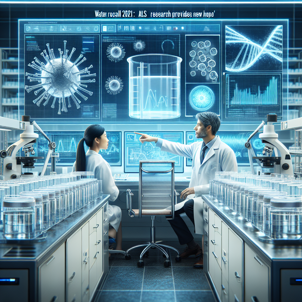 Visualize a scientific laboratory setting where cutting-edge research on ALS is being conducted. On one side, display a line of sterile white lab benches equipped with advanced microscopic equipment and visibly bright petri dishes indicating innovative experiments. A female Asian scientist and a male Hispanic scientist in their lab coats are engaged in intense conversation, pointing to an computer screen, which displays complex diagrams and graphs. In the middle, place a large glass beaker filled with clear, pure water symbolizing the 'Real Water'. Above this scene, overlay text that reads: 'Water Recall 2021: Unprecedented ALS Research Provides New Hope'.