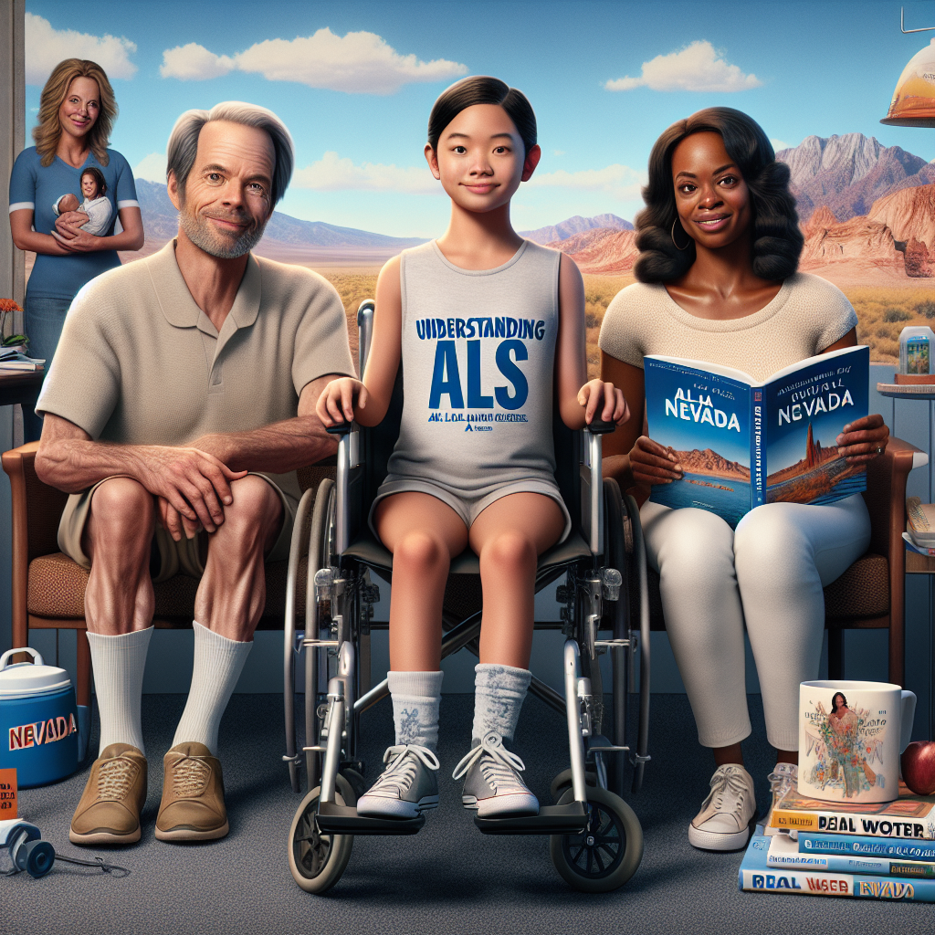 Create a photorealistic image highlighting ALS (Amyotrophic Lateral Sclerosis). The image shows a multi-ethnic family in Nevada, with the parents in their 40s. The father, of Caucasian descent, is sitting in a wheelchair, hinting at ALS. He has a supportive expression as he's holding onto a book titled 'Understanding ALS'. Beside him, an African American mother is looking caringly at their Asian-American teen daughter who is reading 'Real Water Nevada: Essential Guide'. The backdrop features the Nevada landscape implying the location. This image portrays the impact of ALS on diverse family structures.