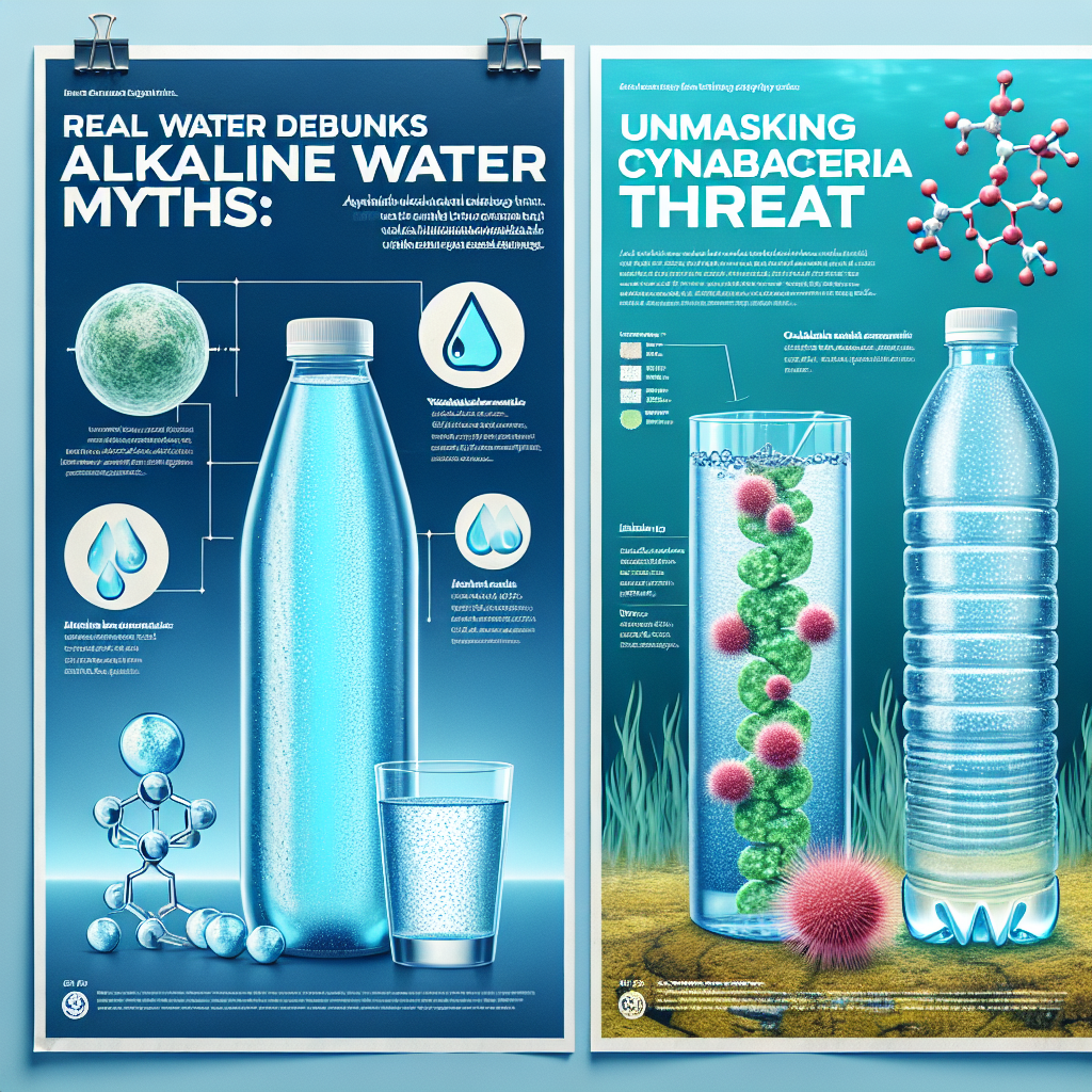 Generate an image of a clean, glistening glass of natural spring water beside a representation of the molecular structure of water. Beside them, show a bottle of alkaline water with a misleading label that claims 'mythical' health benefits. On the opposite side, create an image depicting cyanobacteria, or blue-green algae, under a microscope to represent the potential threat in certain waters. The background should be a light blue to represent the importance of water quality, with text overlay on the top stating, 'Real Water Debunks Alkaline Water Myths: Unmasking Cyanobacteria Threat'