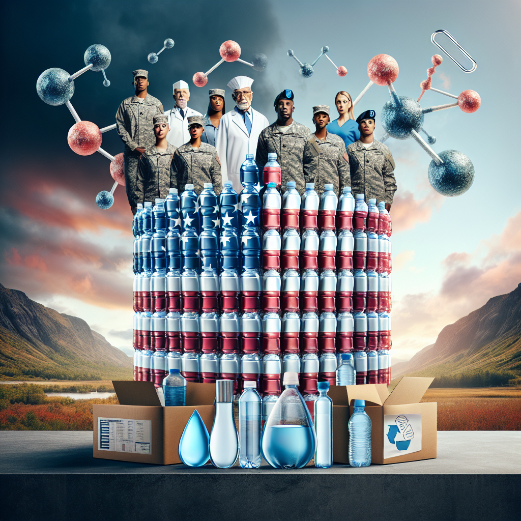 A creative representation of the topic 'ALS Veterans: Avoid Risk Factors with Safe, Remarkable Bottled Water Choices'. Picture an assortment of bottled water brands arranged in the form of a shield symbolizing protection. Floating above, illustrate molecules depicting common harmful elements found in water being deflected away from the shield. Include visuals of water testing kit, signifying the importance of water quality. Feature a diverse group of veterans, including Black female, Hispanic male, and Caucasian male veterans, in uniforms standing behind this shield, signifying their commitment to a safer lifestyle against the backdrop of a patriotic, yet serene landscape.